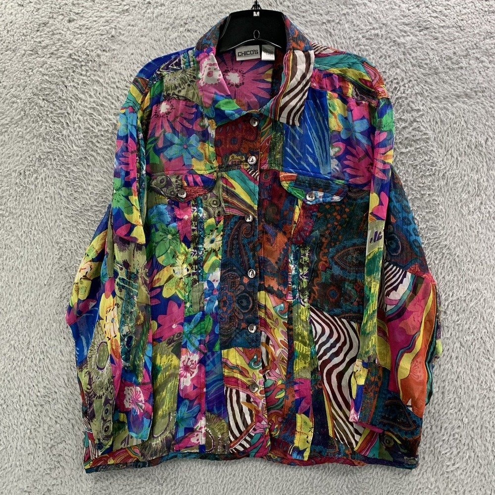 Silk Blend Chico's Multicolor Floral & Abstract Button-Down Shirt